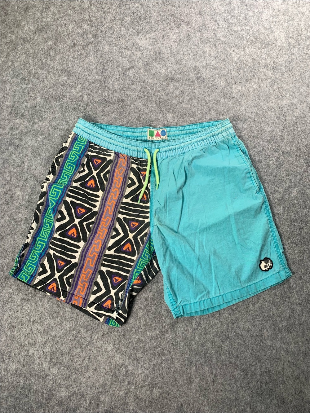 Vintage 90s Two-Tone Turquoise & Multicolor Pattern Swim Shorts